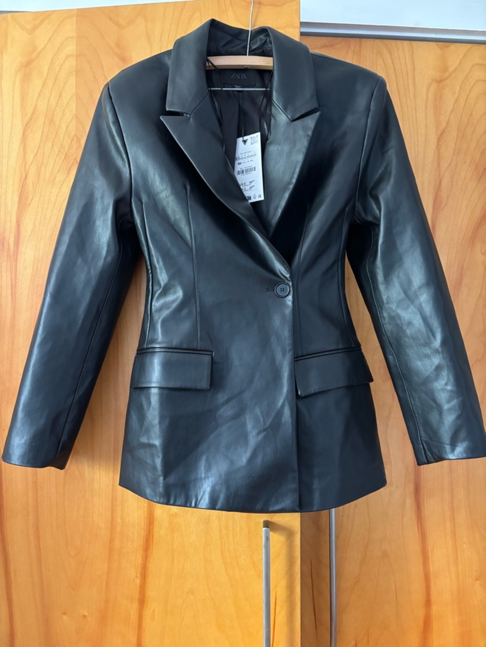 Zara Black Faux Leather Single-Button Blazer